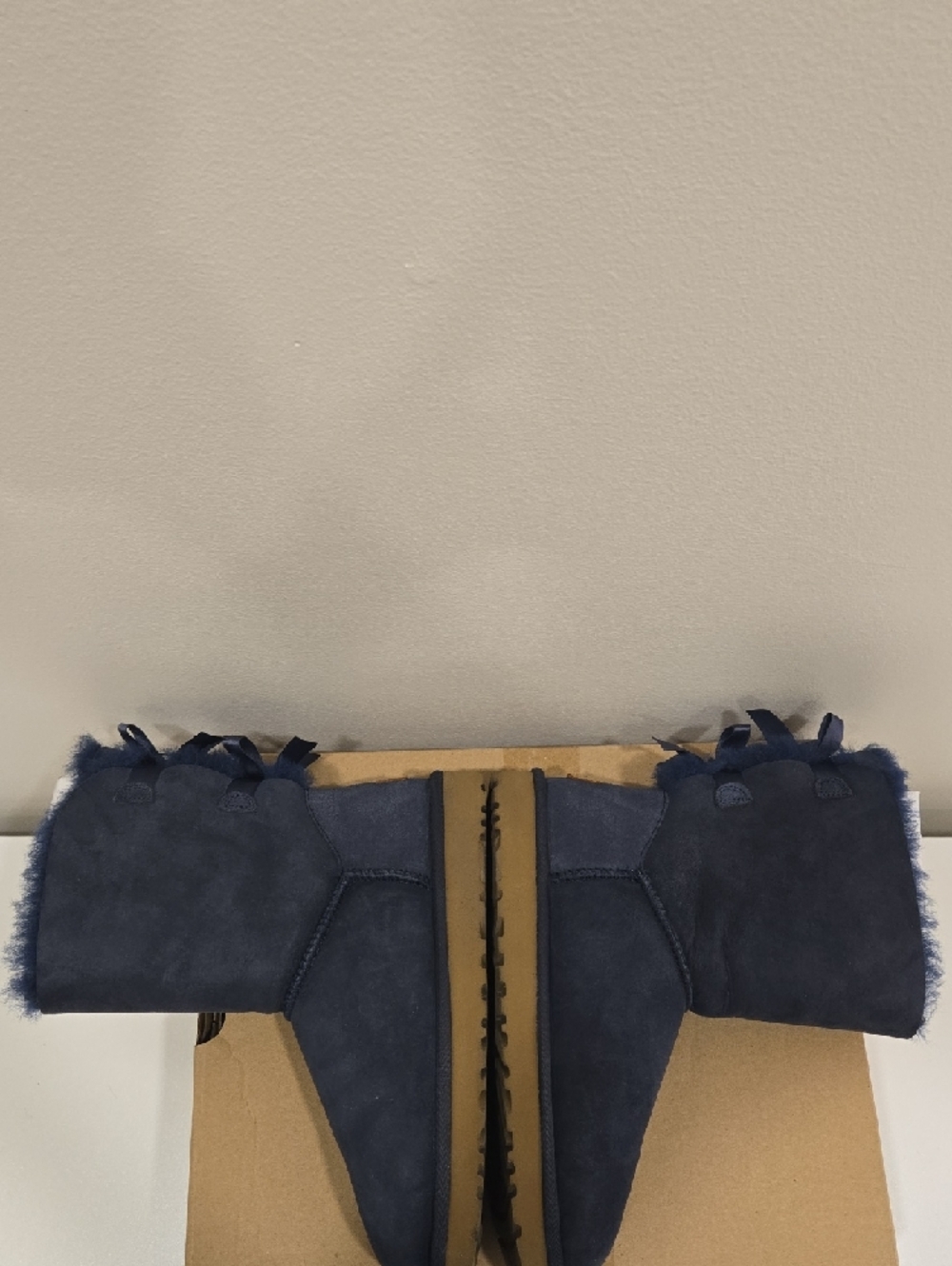 UGG Navy Short Suede Boots with Shearling Trim, 2x Bows On Each Boot - Picture 8 of 16